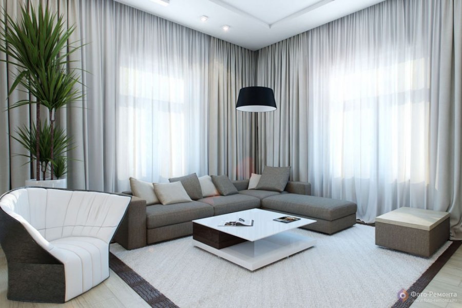 Интерьер гостиной в современном стиле 2 окна