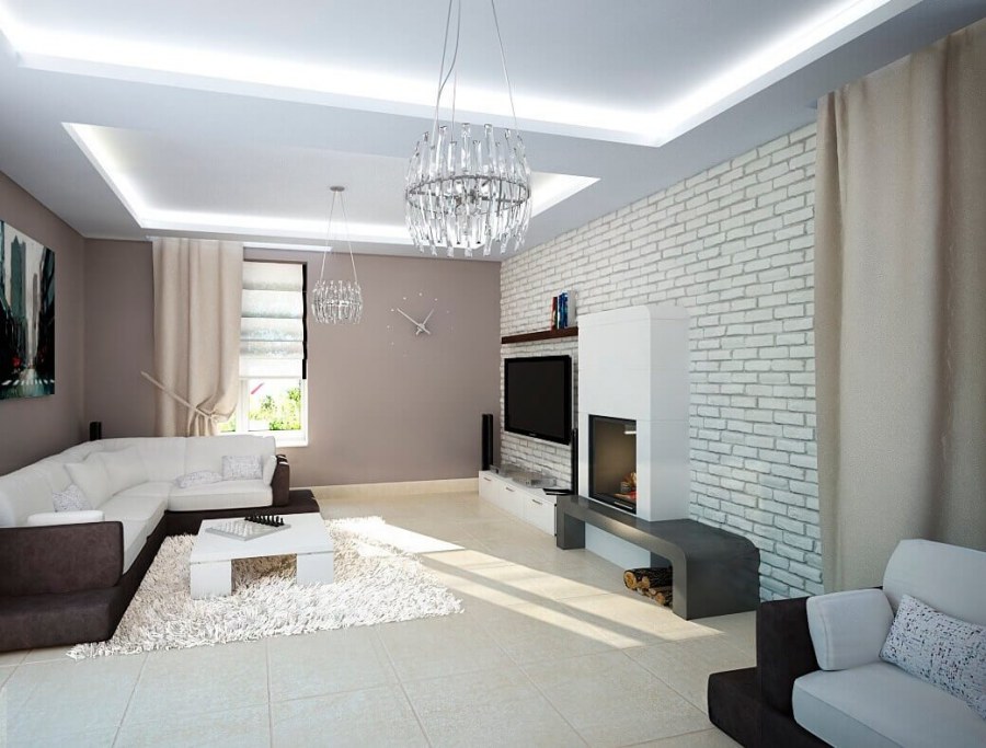 Белый декоративный кирпич в гостиной