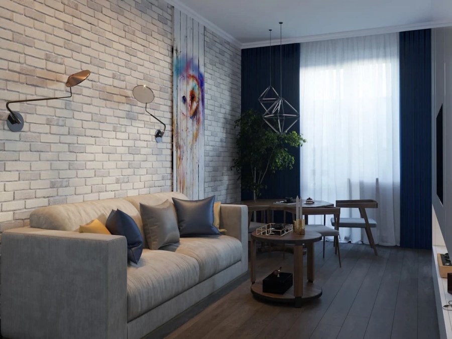 Гостиная с белым кирпичом