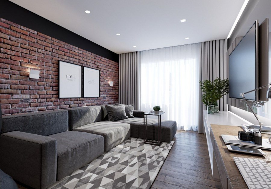 Кирпичная стена в интерьере гостиной