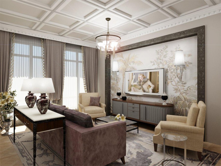 Зал современном стиле с элементами классики