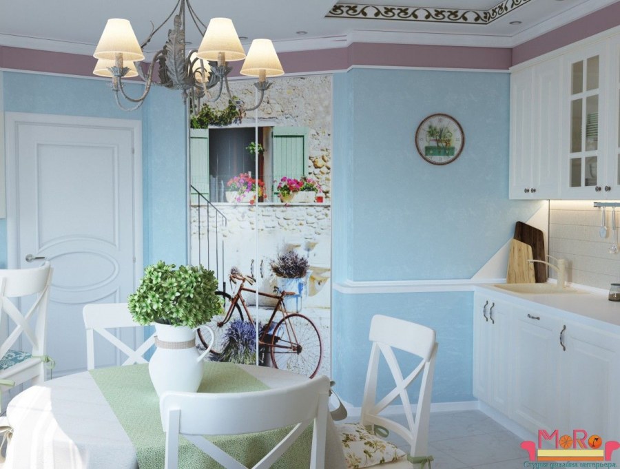 Голубые стены в интерьере кухни
