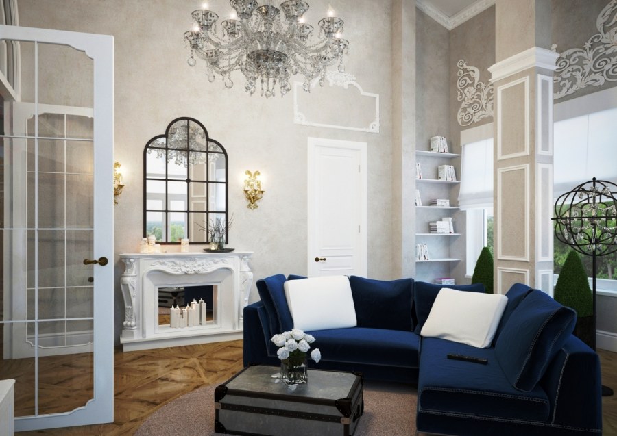 Голубой в интерьере гостиной классика