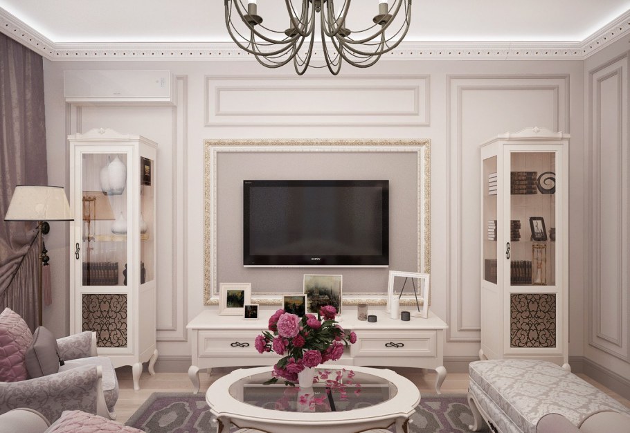 Гостиная с розовым диваном