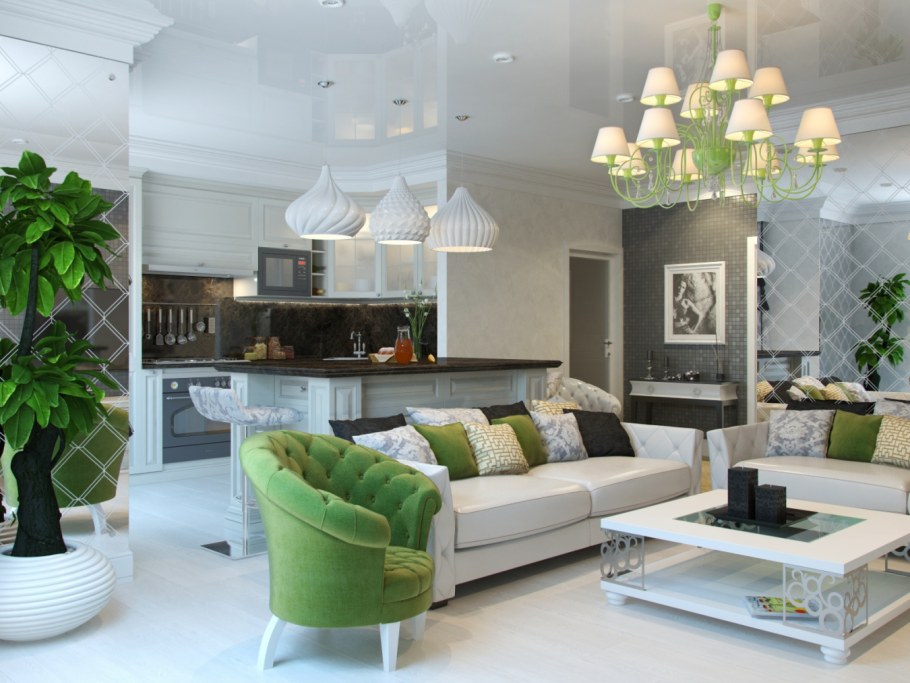 Серо зеленая кухня гостиная