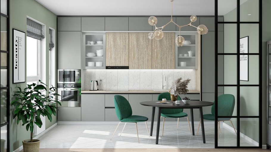 Кухня гостиная с бирюзовым диваном