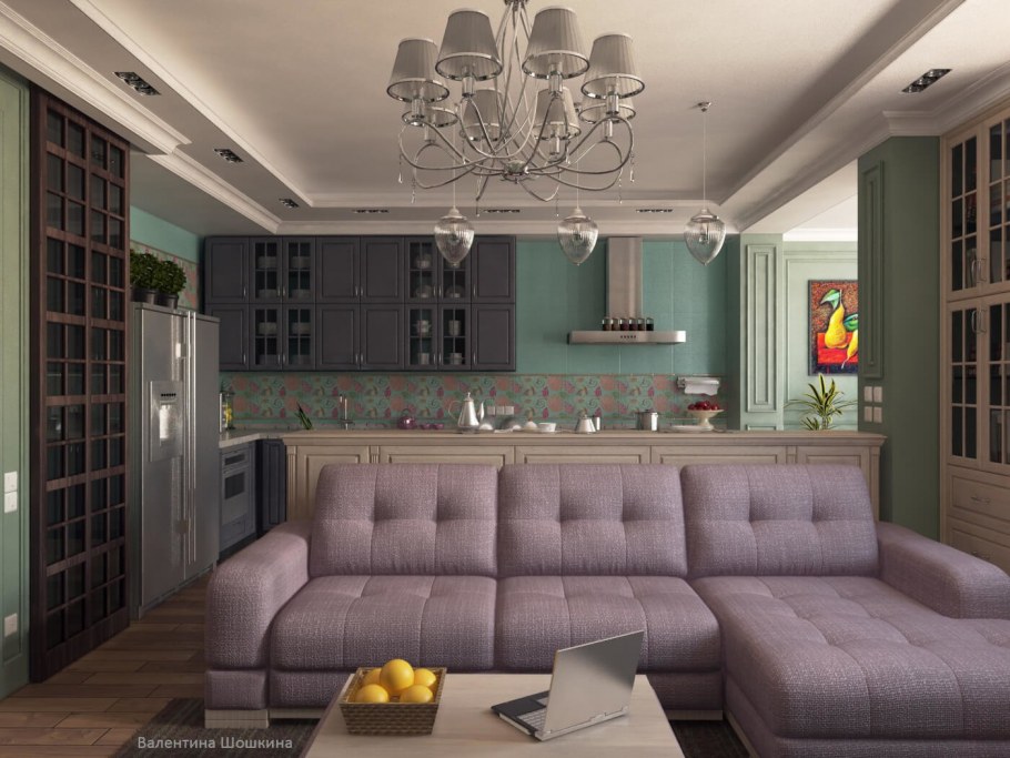 Бежевая кухня с зелеными шторами