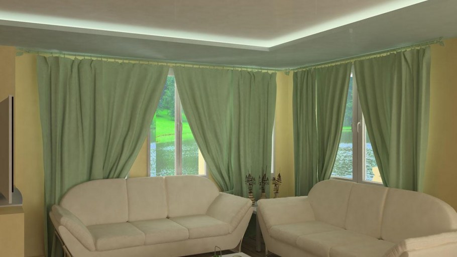 Зеленые шторы в бежевом интерьере