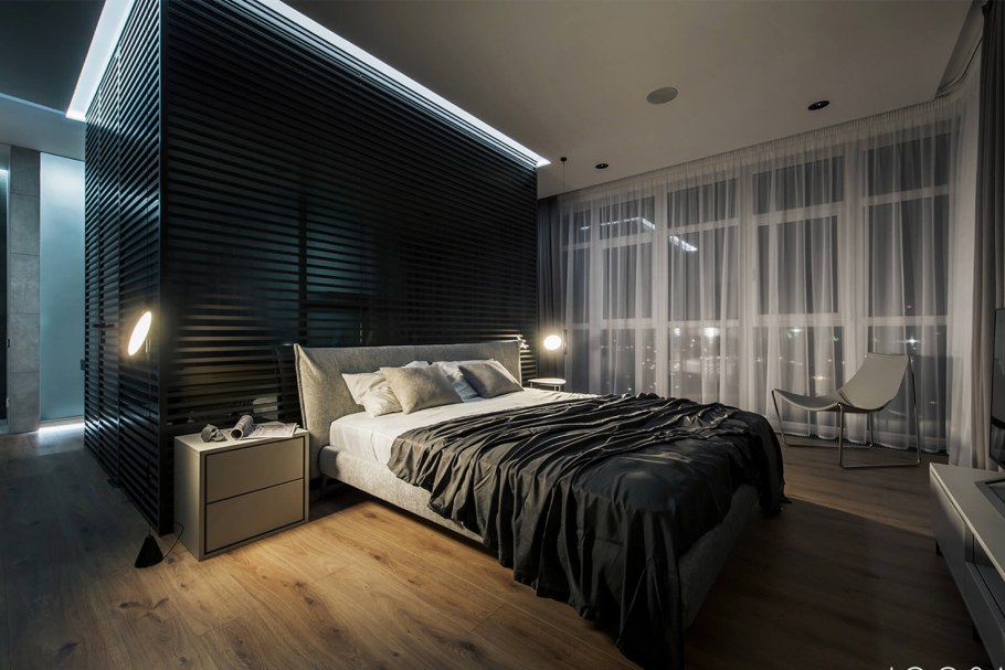 Спальня в пентхаусе в темных тонах