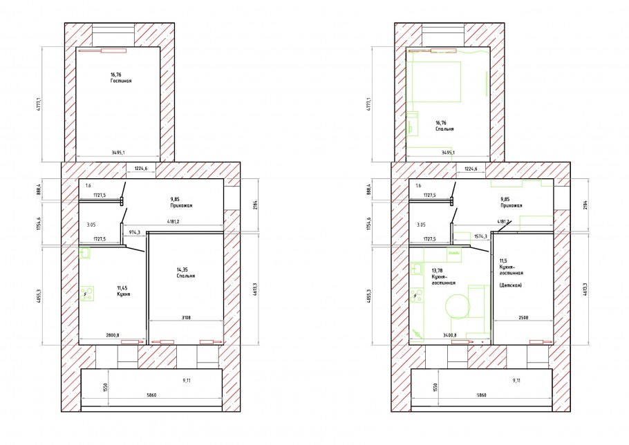 Расширение кухни за счет жилой комнаты