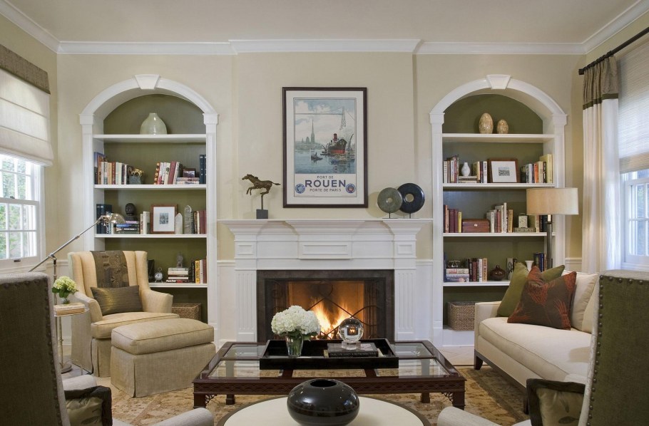 Гостиная в американском стиле с камином