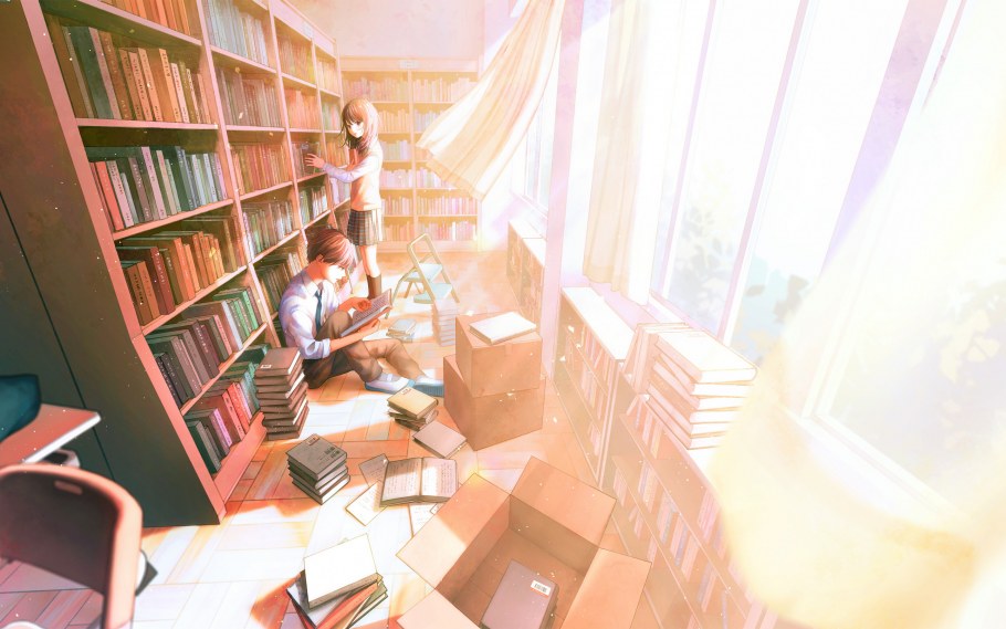 Аниме парень в библиотеке