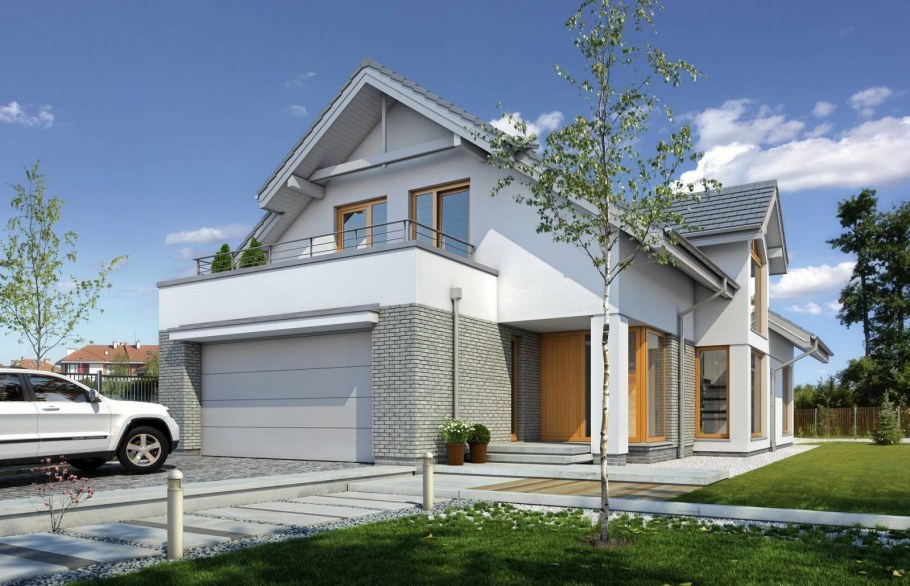Белый двухэтажный дом с гаражом