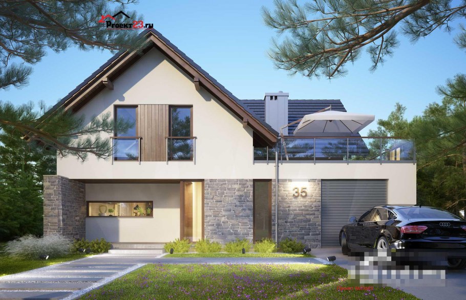 Современный мансардный дом с гаражом