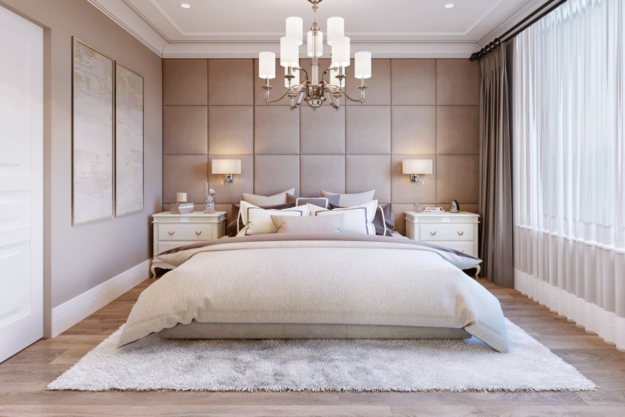 Мягкие стеновые панели в бежевую спальню