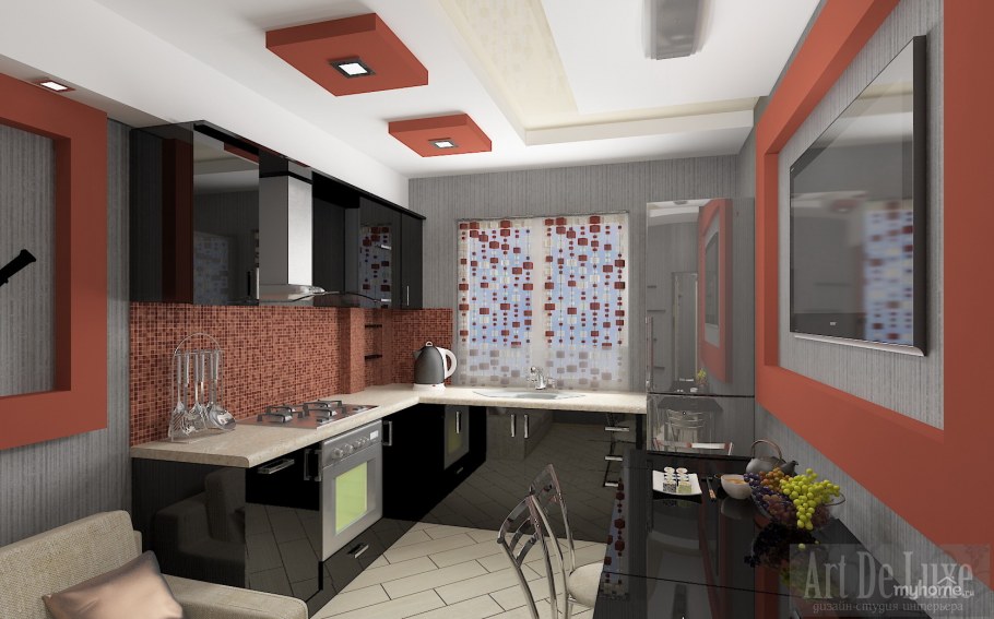 Интерьер кухни терракот с серым