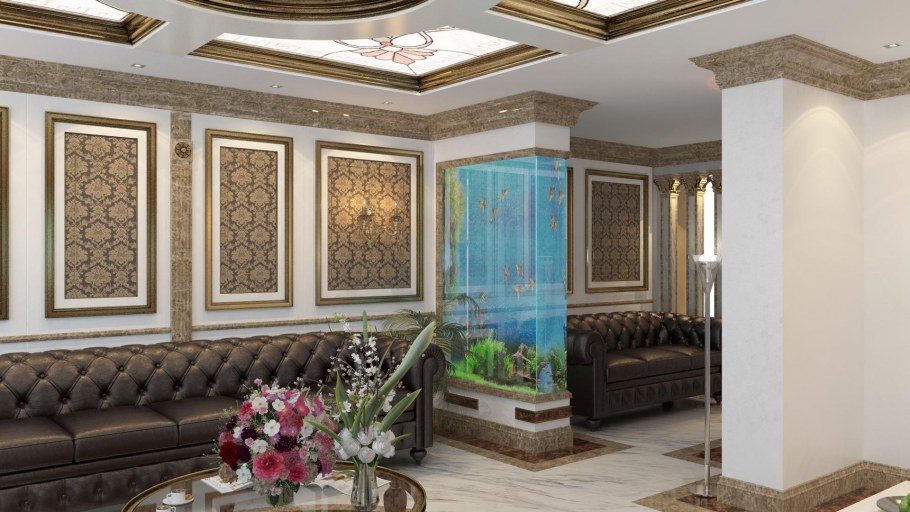 Обои в багете на стене в гостиной