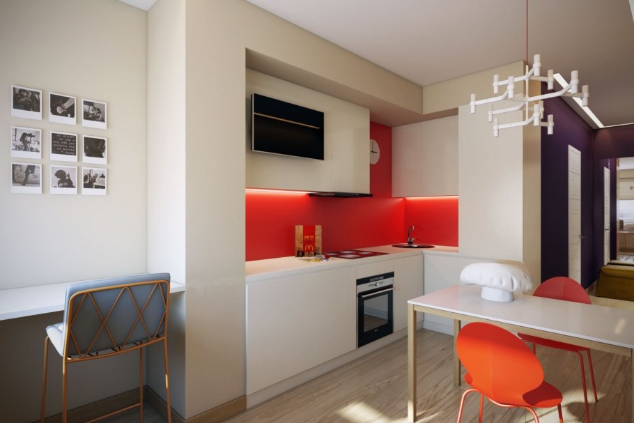 Бежевая кухня с красными акцентами