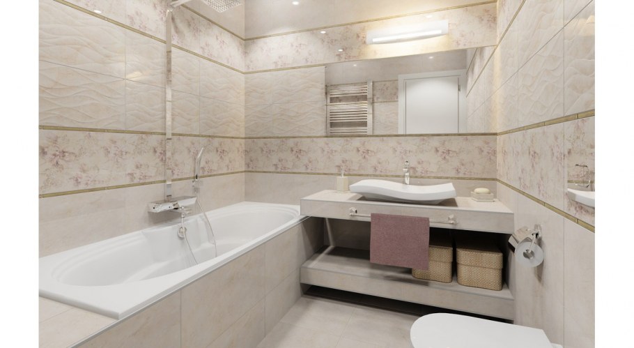 Бежевая плитка в ванной