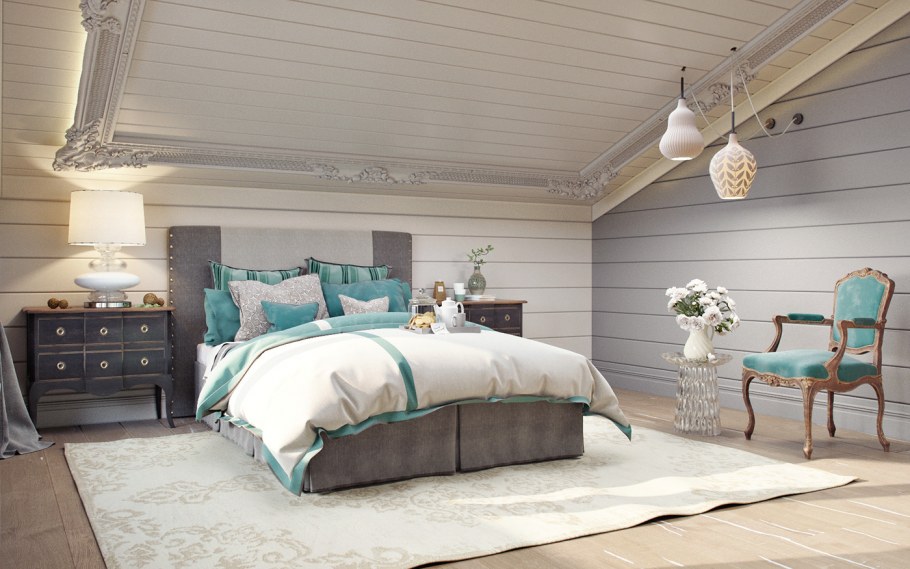 Бирюза в деревянном доме спальня