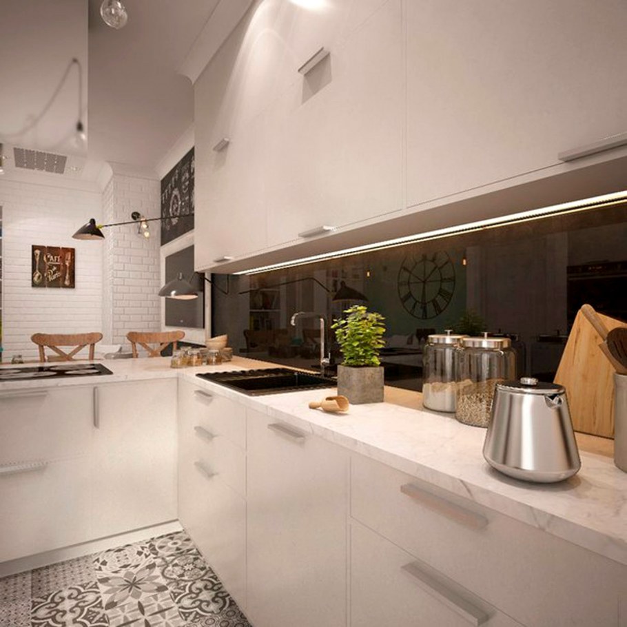 Белая кухня с коричневым фартуком
