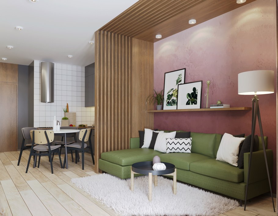 Кухня гостиная с зеленым диваном