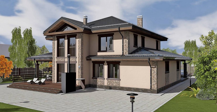 Двухэтажный коттедж с гаражом и террасой