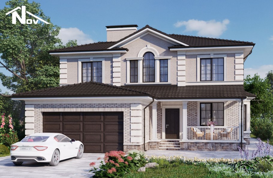 Фасад двухэтажного дома с гаражом