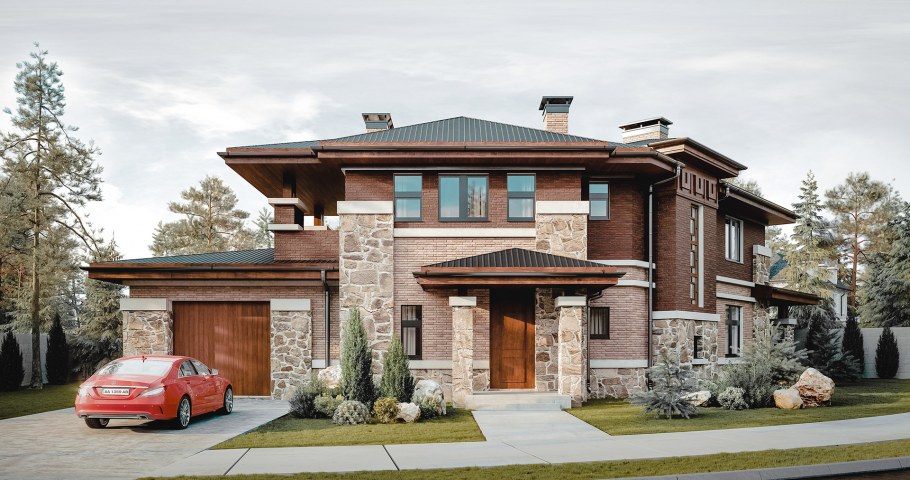 Фасады коттеджей в стиле Райта