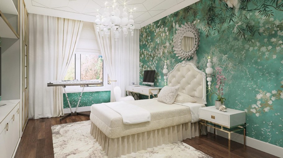 Спальня серая с бирюзой