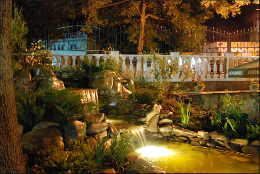 Ночной сад с прудом