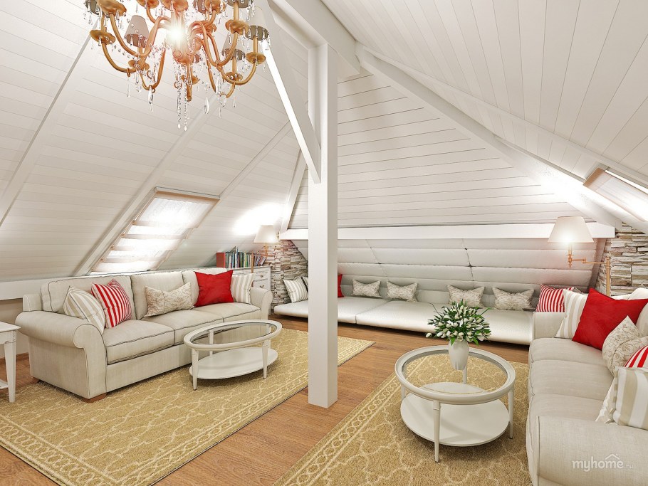 Интерьер мансарды с четырехскатной крышей