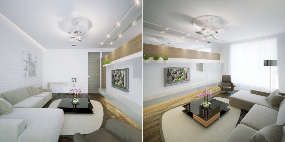 Освещение в длинной гостиной