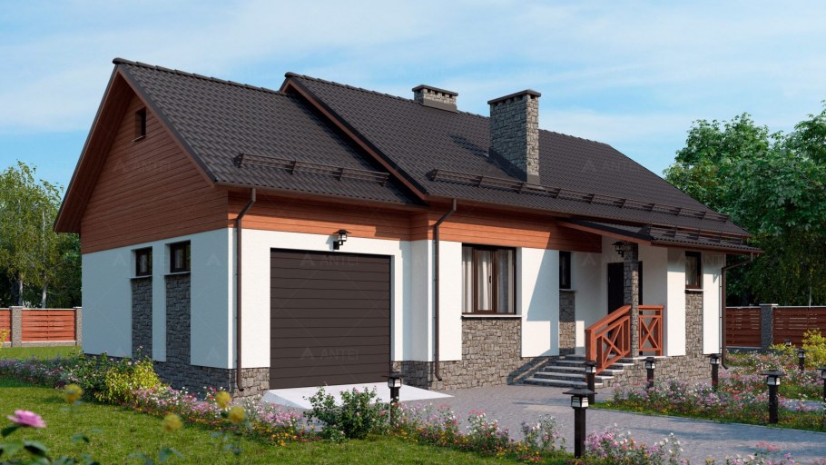 Фасад одноэтажного дома с гаражом