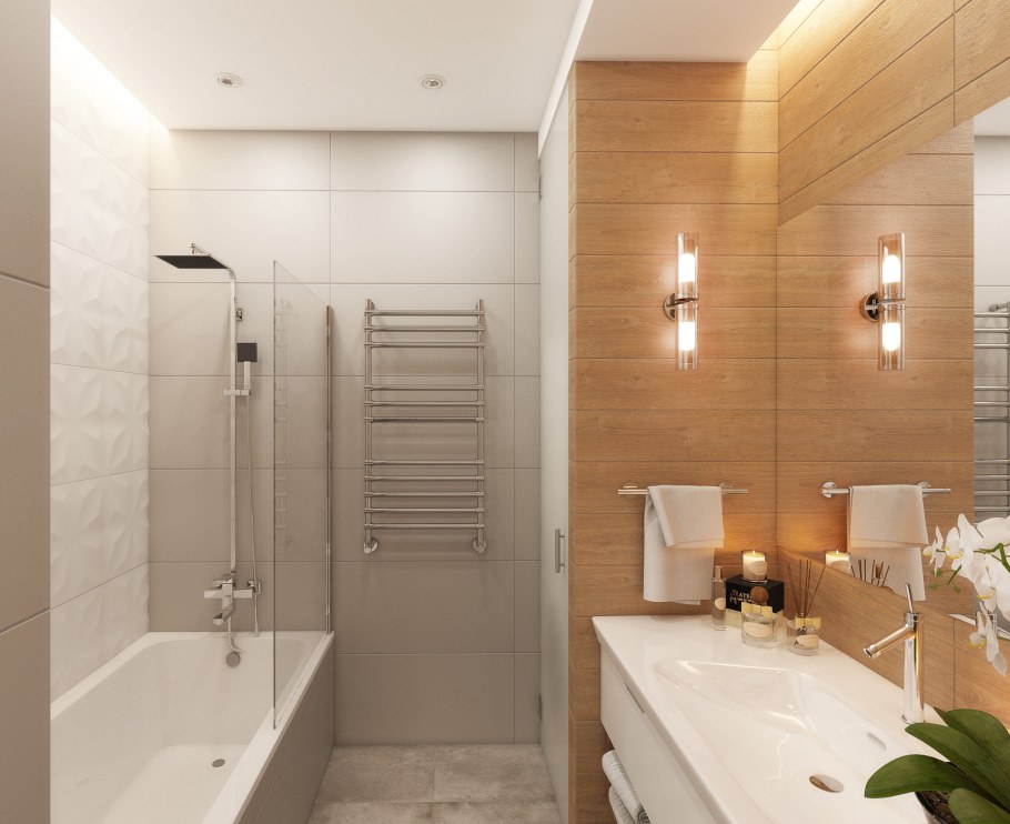 Интерьер ванной с плиткой и краской