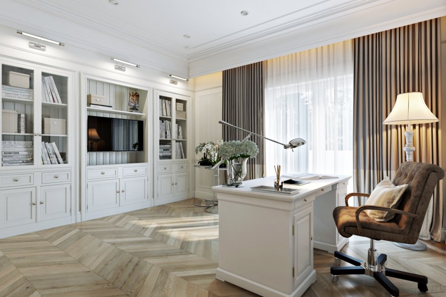 Кабинет в классическом стиле в светлых тонах
