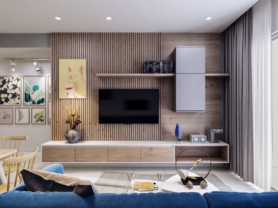 Деревянные панели за телевизором