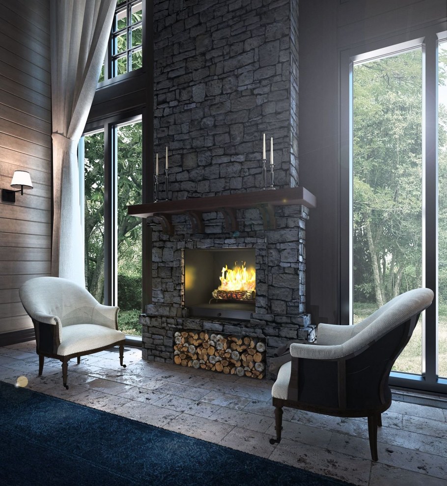 Гостиная с камином и панорамными окнами