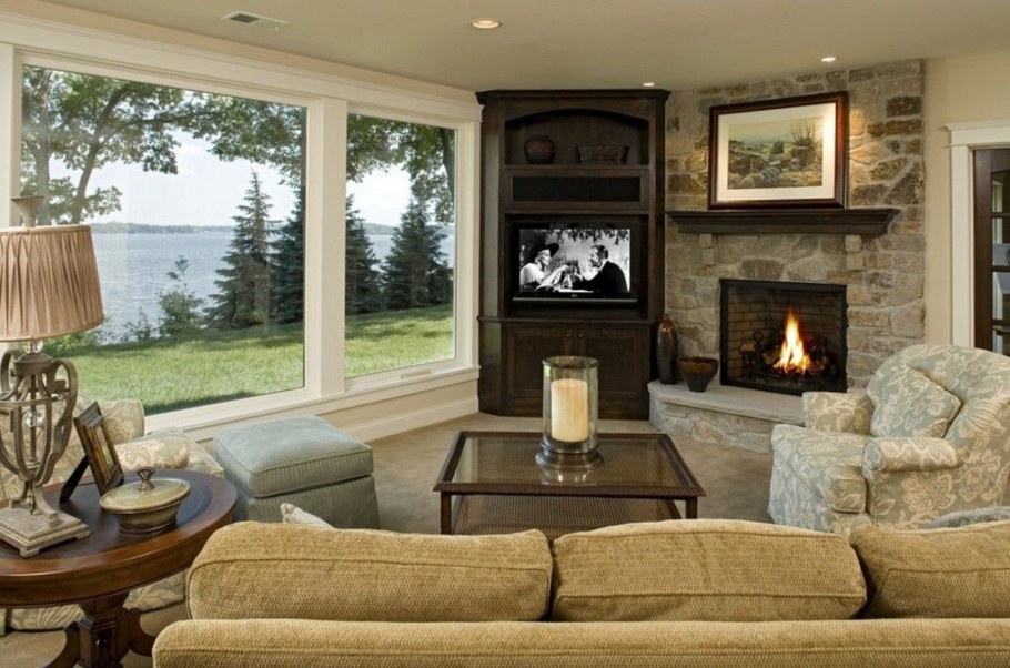 Угловой камин с телевизором