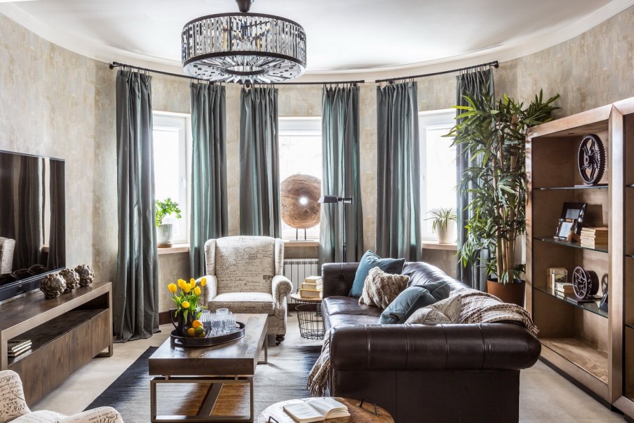 Гостиная с эркером совмещенная с кухней