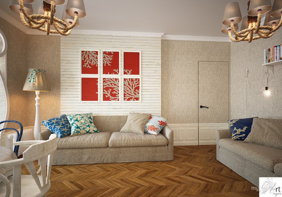 Штурвал в интерьере ванной комнаты