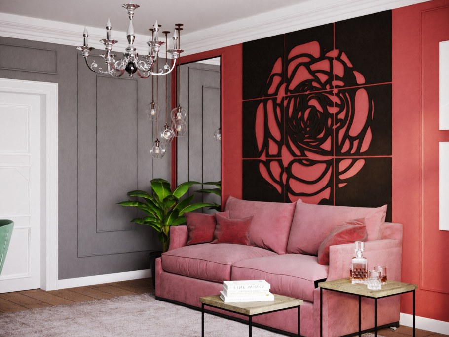 Гостиная с бордовыми акцентами