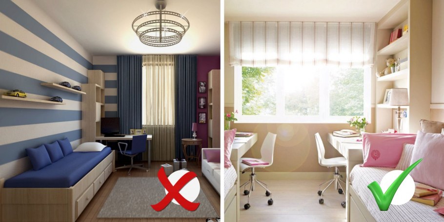 Интерьер детской узкой длинной комнаты