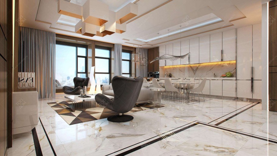 Интерьер кухни с мраморным полом