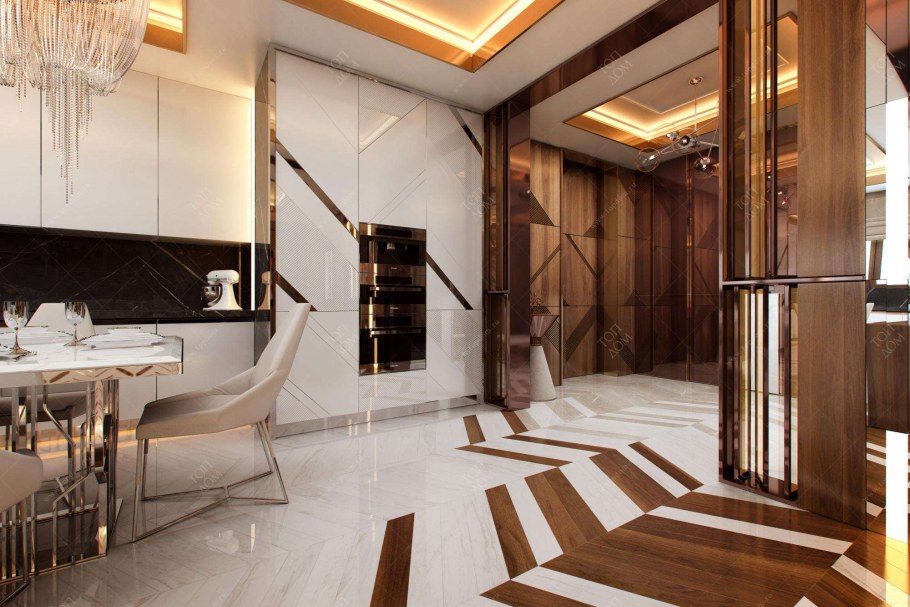 Интерьер кухни с мраморным полом и деревом