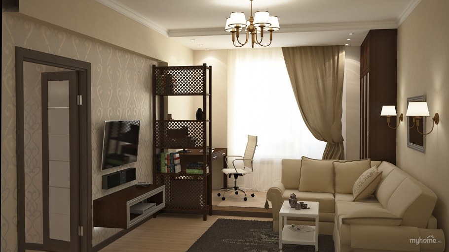 Интерьер гостиной с кабинетом