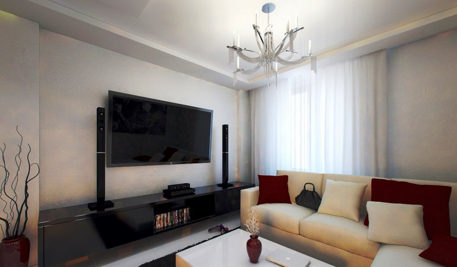 Интерьер зала с телевизором на стене