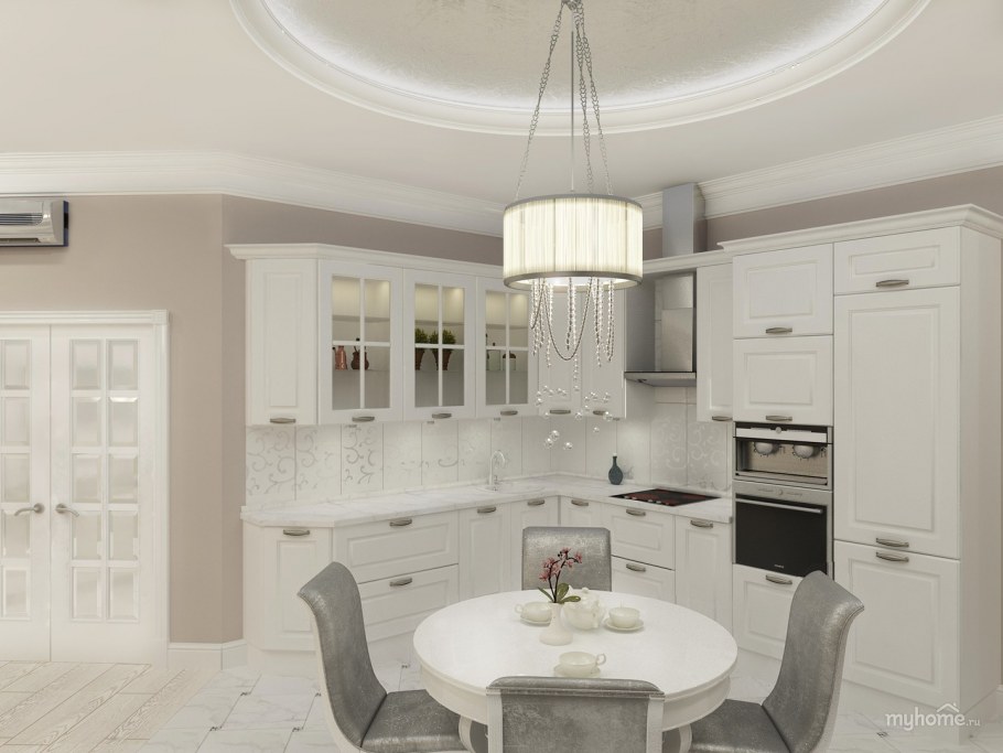 Кухня гостиная белая Неоклассика