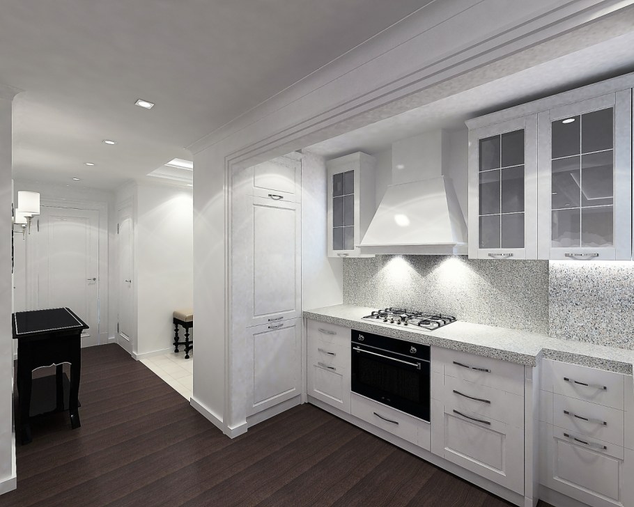 Белая кухня темный пол Неоклассика