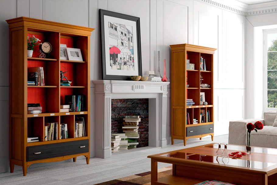 Камин и книжные полки в интерьере